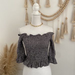 American Eagle gingham smocked cropped top AEO black white off the shoulder S